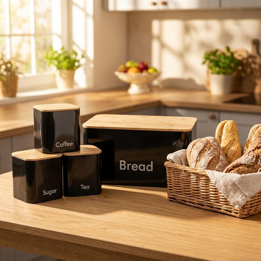 4 Pcs Kitchen Storage Bread Box Set, Metal Bread Box With Bamboo Sealed Canisters, Classified Food Storage,Kitchen Countertop Storage, Western Kitchen Decoration, Baking Ingredients Storage - Multicolor - View 1