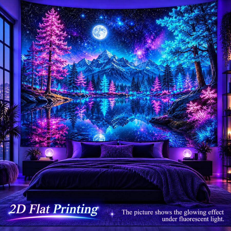 2D Flat Pattern, Single Piece, Mountain And Lake Reflection Tapestry, Snowy Mountain, Pine Forest, Starry Sky, Lake Reflection Pattern, Glows Under Fluorescent Light, Suitable For Wall Decor, Backdrop, Party Decoration - Multicolor - View 1