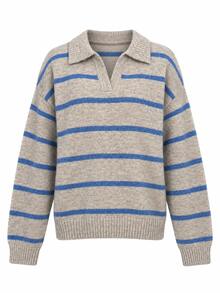 Women's Striped Knitted Polo Sweater With Long Drop Shoulder Sleeves, Ideal For Fall Daily Wear - Khaki - View 5