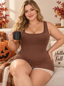 Women's Solid Color Ribbed Square Neck Wide Strap Tank Top, Slim Fit Basic Sleeveless Casual Top - Coffee Brown - View 5