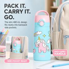 QWE 480ml 316 Stainless Steel Insulated Straw Cup With Silicone Straw, Cartoon Design, Portable Water Bottle For Kindergarten And Primary School Students - Cadet Blue - View 3