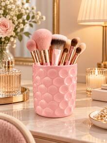 1pc Bow Makeup Brush Organizer Cup, Cute Bubble Textured Desktop Cosmetic Storage Holder, Vanity Bathroom Countertop Organizer For Brushes, Pens & Beauty Tools, Coquette Room Decor, Gift For Girls - Multicolor - View 6