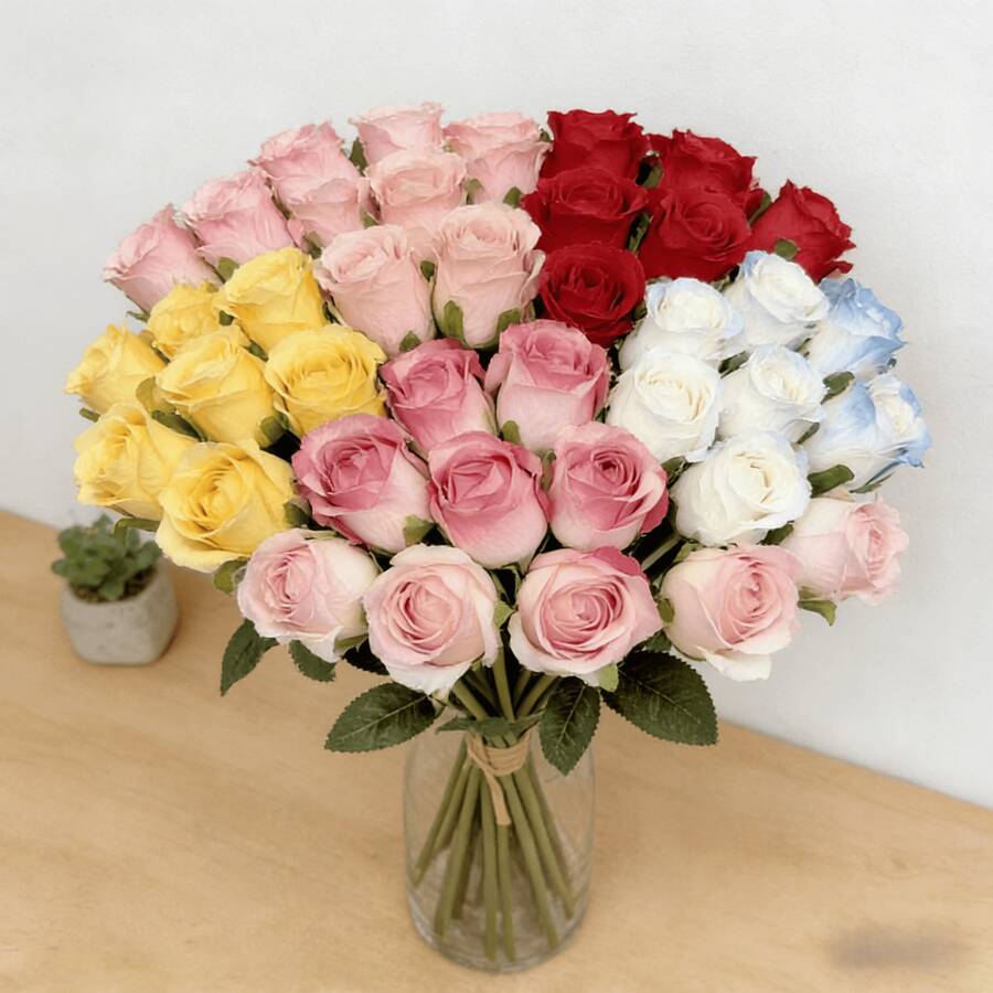 9 Pcs Artificial Rose Bouquet, Long Stem Faux Silk Roses, Home Living Room Dining Table Floral Decoration, Wedding Flower Arrangement Ornament