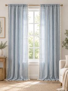 Bubaba Bohemian Style Light Blue Embroidered Sheer Curtains With Tassel Trim, Rod Pocket Filter Light Curtains, Farmhouse Living Room Bedroom Home Decor - Blue - View 2