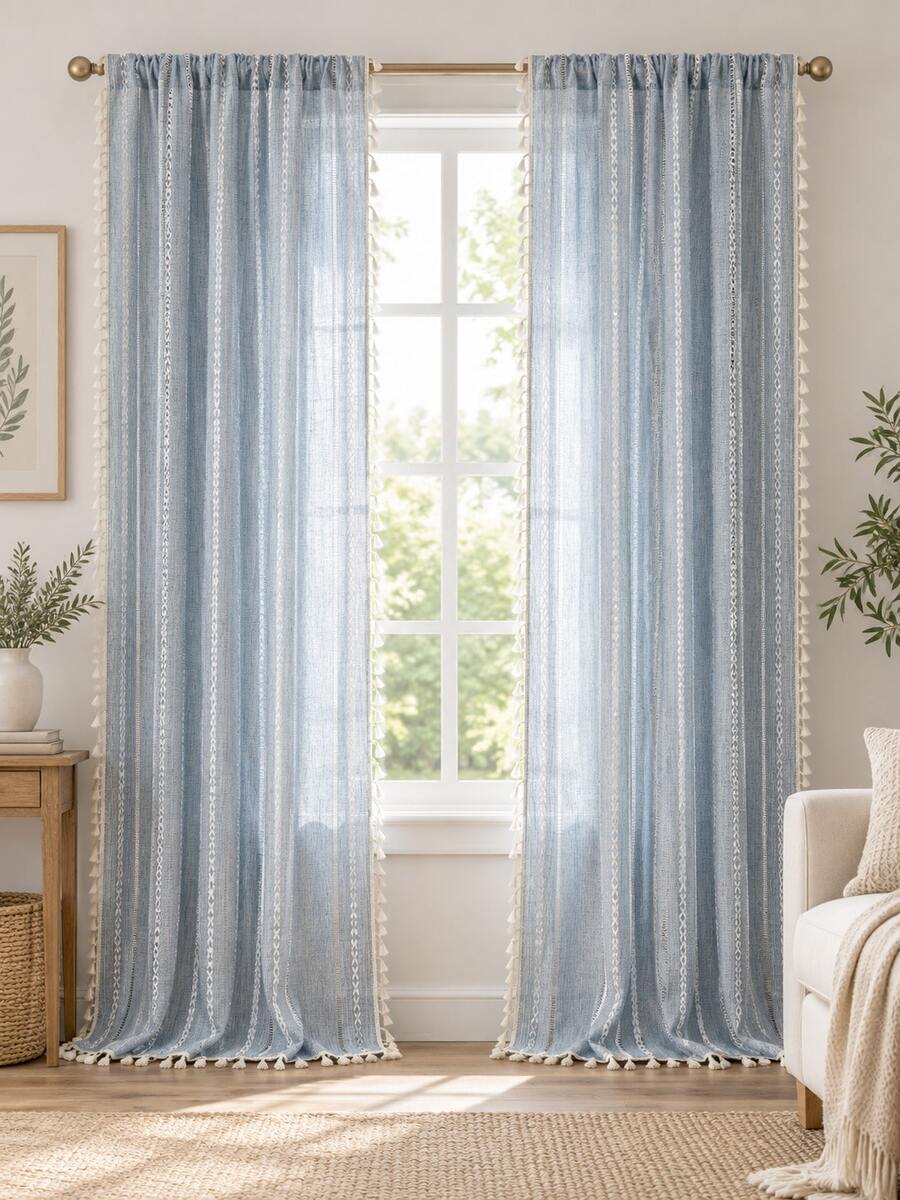 Bubaba Bohemian Style Light Blue Embroidered Sheer Curtains With Tassel Trim, Rod Pocket Filter Light Curtains, Farmhouse Living Room Bedroom Home Decor