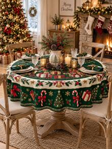 1pc Elegant Green Christmas Rectangular/Round Tablecloth, Large Christmas Tree & Gift Box Pattern, Bell, Candy Cane, Snowflake & Holly Print, Suitable For Christmas Family Gathering, Home Holiday Dining Table Decor - Multicolor - View 5