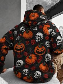 FRACTYR Men's Halloween Pumpkin Skull Rose Spider Web All-Over Print Sweatshirt, Holiday Streetwear Loose Casual Pullover - Black - View 5