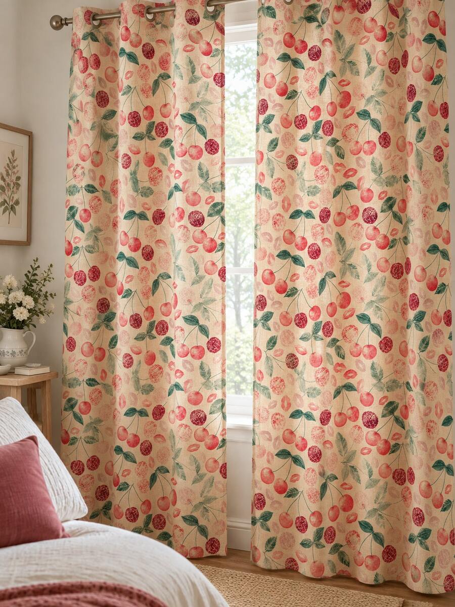2PCS Cherry Print Faux Linen Sheer Curtains, Light Filtering Window ...