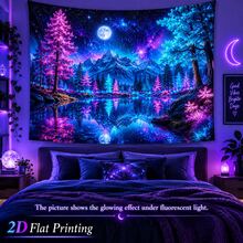 2D Flat Pattern, Single Piece, Mountain And Lake Reflection Tapestry, Snowy Mountain, Pine Forest, Starry Sky, Lake Reflection Pattern, Glows Under Fluorescent Light, Suitable For Wall Decor, Backdrop, Party Decoration - Multicolor - View 4
