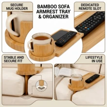 Foldable Bamboo Clip-On Sofa Armrest Tray, Sofa Armrest Table For Drinks, Phone, Breakfast, Remote Control, Coffee And Snacks Storage - Multicolor - View 2