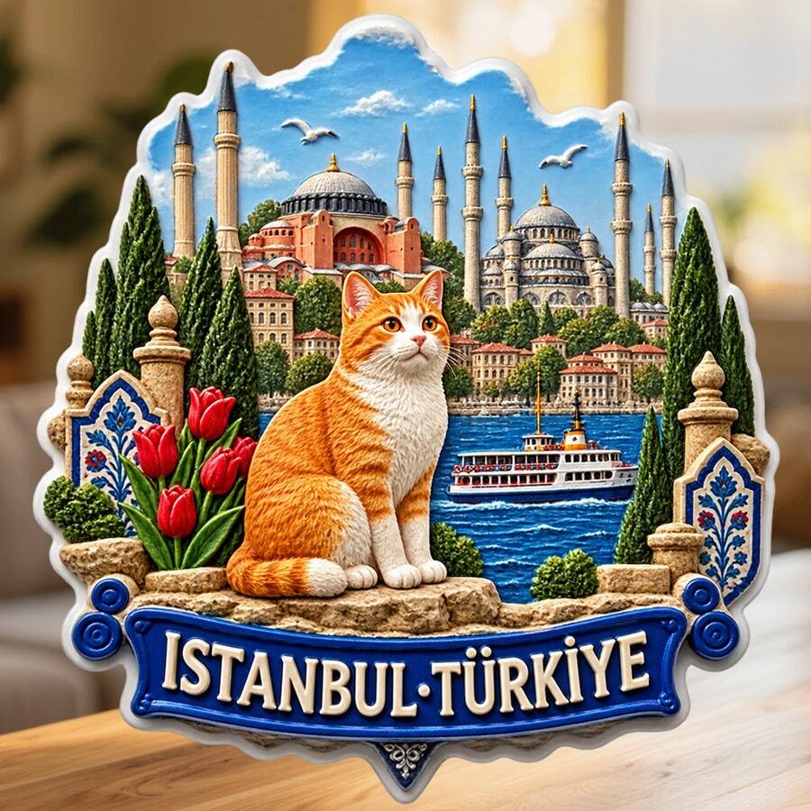 Istanbul Turkey Fridge Magnet, A Cat Watching The Bosphorus And Historic Mosques For Cozy Kitchen Daydreams For All Metal Surfaces Throughout The Home - A - View 1