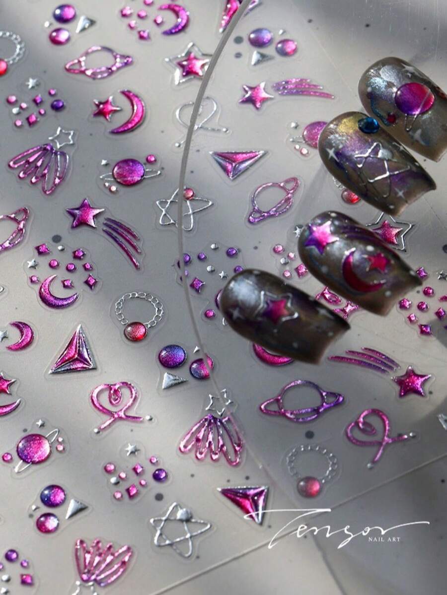 Adesivos de Arte de Unhas 3D em Relevo Galáxia Magenta de Outono ...