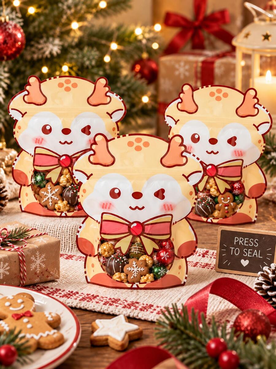 10pcs Reusable Christmas Reindeer Zipper OPP Snack Bags, Cute Cartoon Heat-Sealed Transparent Window Snack Packaging Bags, Suitable For Cookies, Candy, Holiday Parties, Gifts And Holiday Table Decoration - Multicolor - View 1