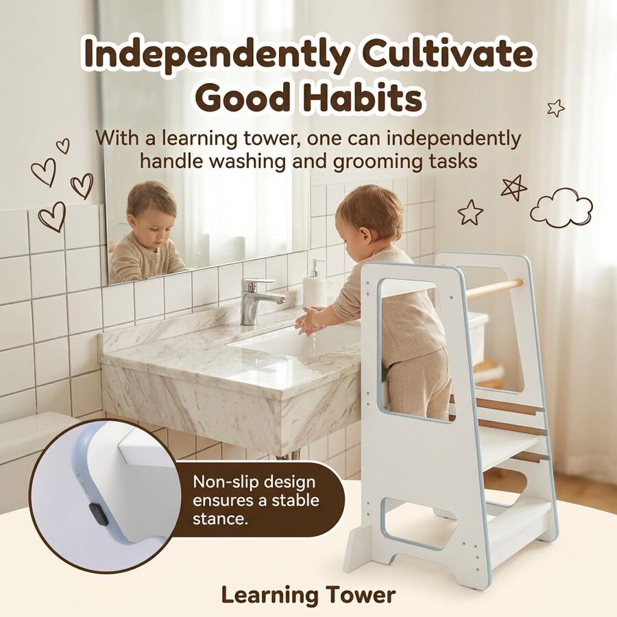 UBRAVOO Wooden Toddler Kitchen Helper Tower With Adjustable Height, Learning Standing Stool For Kids & Toddlers, Non-Slip Step Stool For Bathroom Kitchen - Blue - View 1