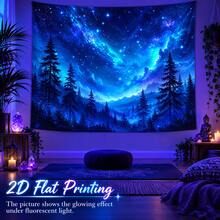 This 2D Flat Tapestry Features A Starry Forest Pattern, With The Glow Of A Galaxy Shimmering In The Scene, Stars Twinkling In The Sky, And The Silhouette Of A Pine Forest And Rolling Mountains In The Distance. It Glows Under Fluorescent Light, Making It Perfect For Wall Decor, Backdrop, Or Party Decoration. - Multicolor - View 7