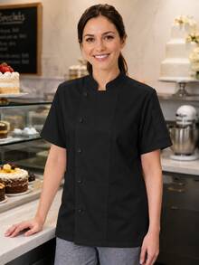 Women's Professional Black Chef Jacket, Classic Stand Collar Design, Woven Fabric, Regular Fit, Practical Workwear Fall - Black - View 2