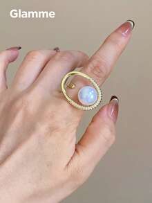 1 buah Cincin Emas Mewah Berbentuk Oval Berongga dengan Mutiara Terbuka, Desain Modis dan Unik, Cincin Jari yang Elegan - Emas - View 5