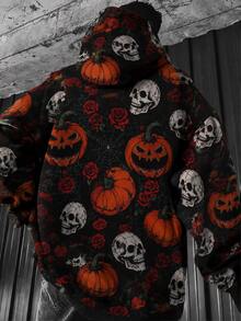 FRACTYR Men's Halloween Pumpkin Skull Rose Spider Web All-Over Print Sweatshirt, Holiday Streetwear Loose Casual Pullover - Black - View 2