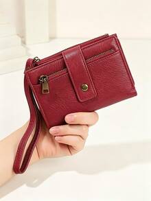 Women's RFID Blocking Small Wallet, Wine Red PU Leather Card Holder Purse With Snap Button, Zipper Coin Pocket & Wristlet - Red - View 6