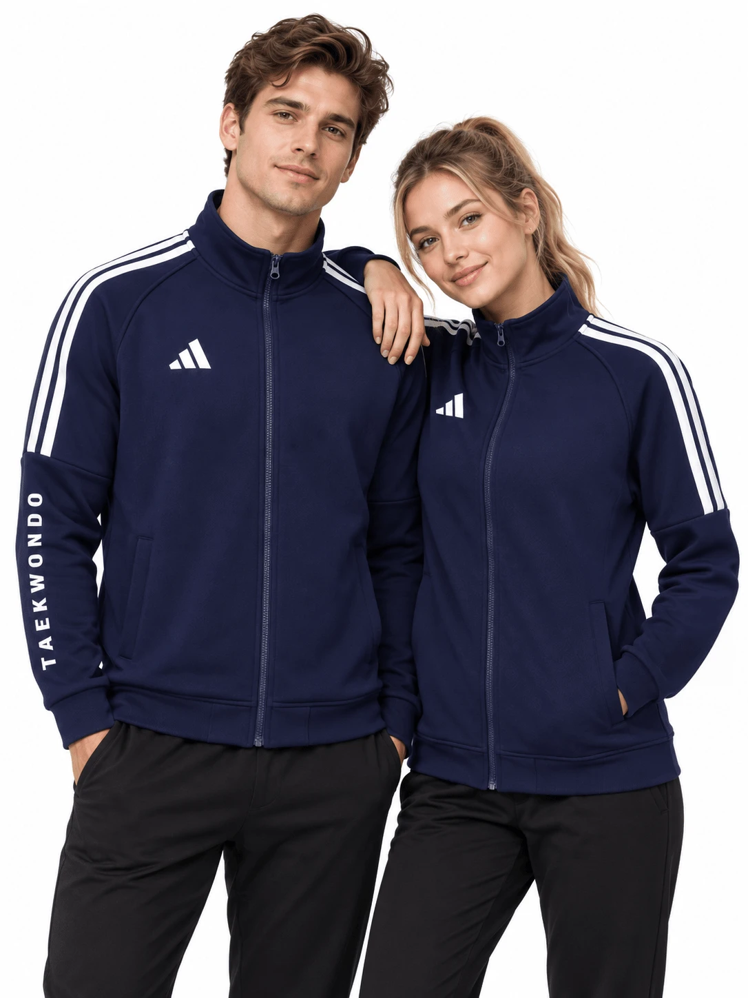 Adidas Unisex Three-Stripe Outdoor Sports Windproof Stand-Collar Jacket - Blue and White - View 1