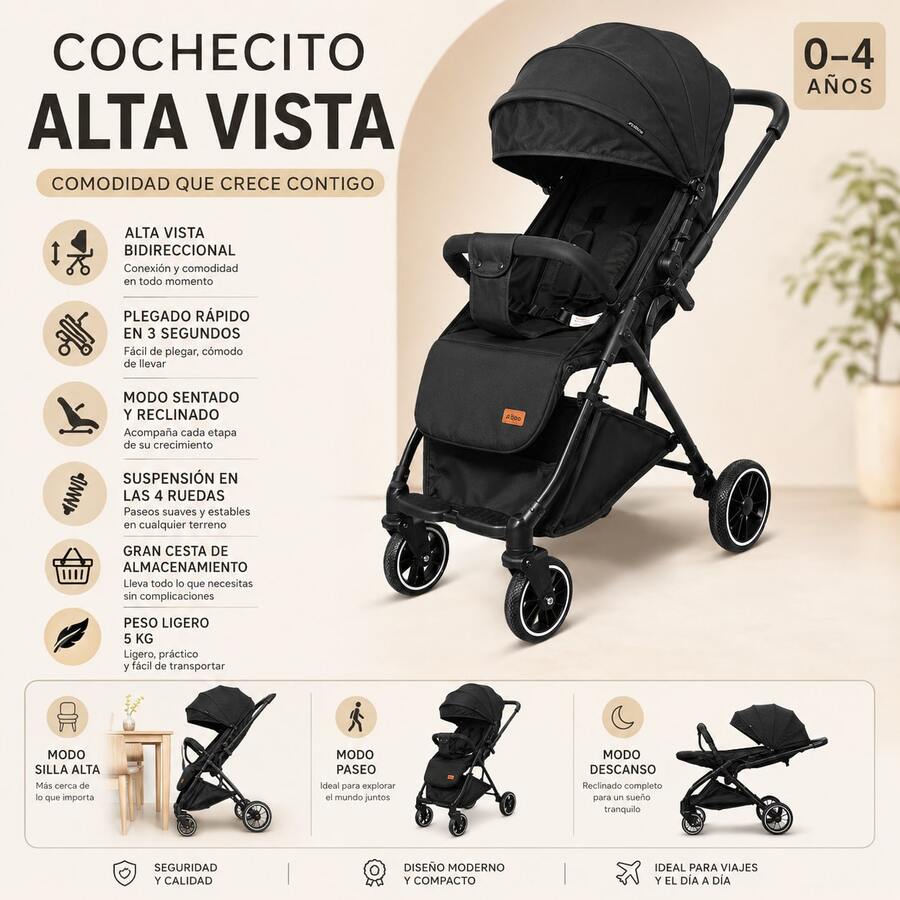 Cochecito de bebé plegable con un solo clic, toldo para el sol, modo silla de comer, modo juego, modo totalmente reclinado, gran espacio de almacenamiento, envío local, envío gratis - Negro - Ver 1