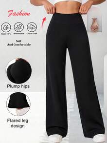 Solid High Rise Flared Straight Leg Pants - Black - View 2