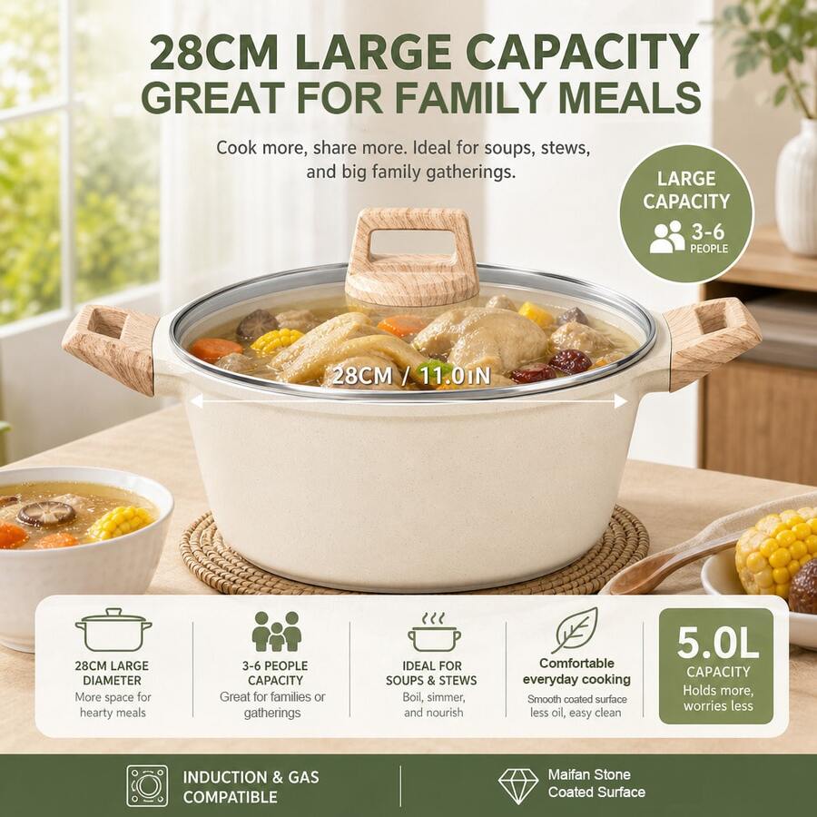 Large Capacity Maifan Stone Coated Soup Pot With Glass Lid, Easy-Release Surface Stock Pot For Soups, Stews, Hot Pot, Pasta And Family Meals, Deep Stovetop Cooking Pot With Dual Side Handles