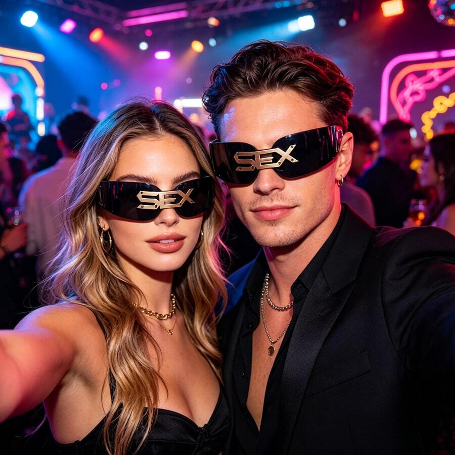 1pc New Frameless Funny Party Unisex Personalized Metal Decor Fashion Glasses Wraparound Shape Shades - Black and Gray Film - View 1