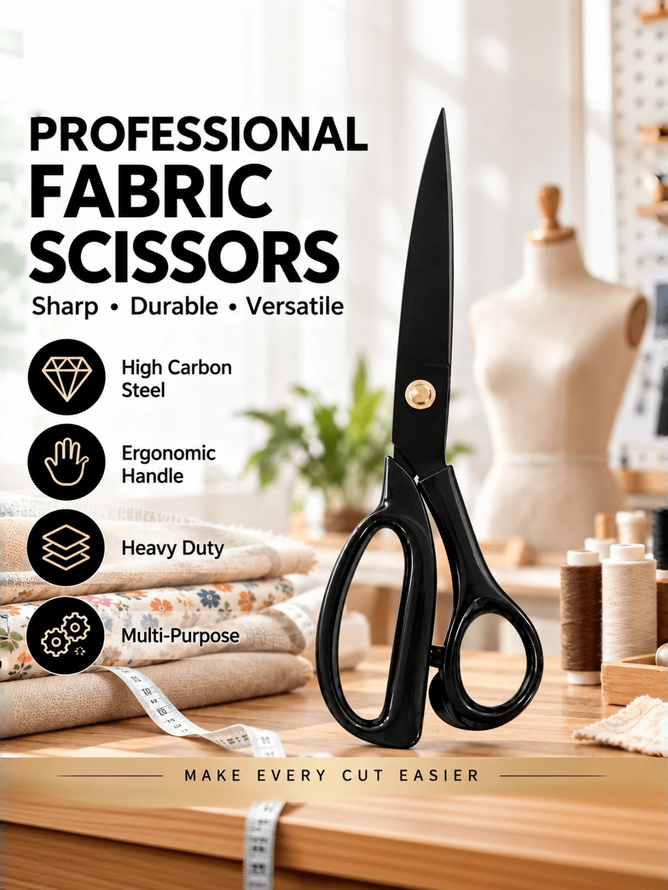 1 PC Professional Heavy Duty Fabric Scissors, Tailor Sewing Shears For Dressmaking, Leather, Denim & Fabric Cutting, Ergonomic Handle
