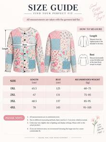 Plus Size Women's Patchwork Floral Print Round Neck Front Button Knit Cardigan, Long Sleeve Loose Fit Jacket, Suitable For Autumn/Winter Daily Wear And Coffee Shop Outfits - Color - View 11