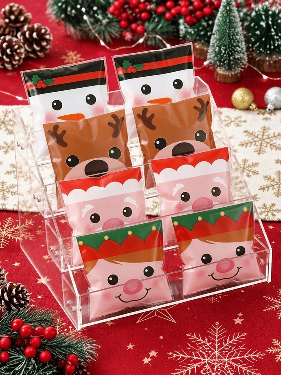 50pcs Pack Multicolor Christmas Gift Bags Suitable For Xmas Party Decorations,Cellophane Wrapping With Santa Snowman Reindeer Patterns,For Gift And Small,New Year's Party Gift Bags, Winter Party Decorations - Christmas Face Style - View 1