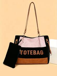 Túi tote nữ mới, họa tiết chữ phối màu với ví cầm tay màu trơn, dung tích lớn, thời trang đa năng, túi đi làm đi mua sắm hàng ngày - màu đen - Xem 10