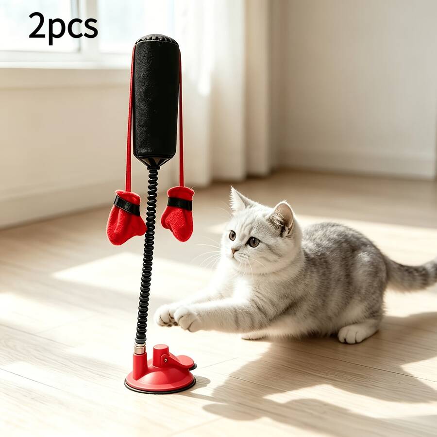 2pcs Cat Boxing Punching Bag Interactive Toy, Suction Cup Base With Adjustable Height, Elastic Rebound Fun Cat Teaser Design, Suitable For Indoor Floor, Tile, Glass And Other Smooth Surfaces, Accompany Cats Daily Pushing, Scratching And Pouncing Interactive Play, Easy Installation Pet Supplies