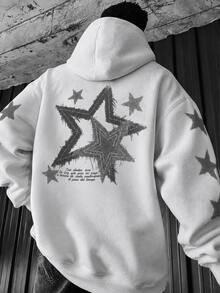 FRACTYR Men's Broken Star Element Five-Point Star Pattern Hoodie, American Vintage Y2K High Street Loose Casual Pullover - White - View 2