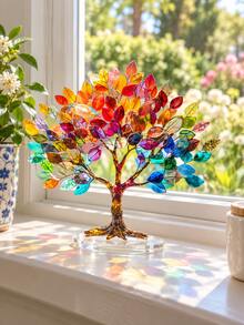 1pc 10.2 Inch Colorful Tree Of Life Decor, Acrylic Flat Translucent Leaf Sculpture With Transparent Oval Base, Waterproof Scratch-Resistant Desktop Ornament, Living Room Home Decor Light Catcher, Bedroom, Office Desk, Autumn Decoration And Housewarming Gift - Multiple Styles - View 9