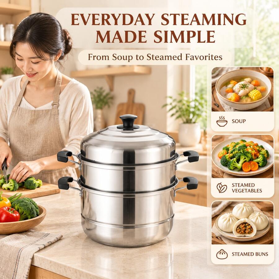 26cm Stainless Steel Double Layer Steamer Pot Set, With Domed Metal Lid, 3-Piece Double Handle Soup Pot & Steamer, Suitable For Buns, Vegetables And Daily Cooking - View 1