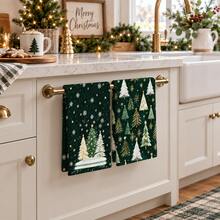 2/4/6/8pcs Dark Green Christmas Tree Kitchen Towels, Snowflake Forest Tea Towels, Luxury Minimalist Christmas Kitchen Decor, Soft And Durable, Not Easily Rough, Suitable For Kitchen, Breakfast Nook, Coffee Station, Prep Area, Hanging Rod And Holiday Home Decor - Multicolor - View 4