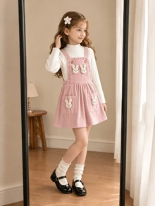 Autumn New Girls Pink Bunny Pinafore Dress Long Sleeve Base Layer T-Shirt Top 2 Pieces Set Versatile Daily Outing Vacation Photo Party - Pink - View 8