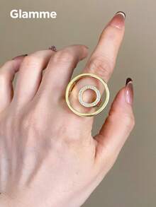 1pc Modern Metal Concentric Circle Ring, Women's Fashion Versatile Commute Geometric Hollow Open Index Finger Ring, Light Luxury - Gold - View 3