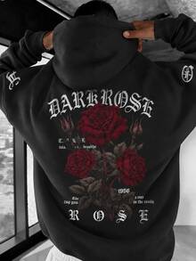 FRACTYR Men's Vintage Red Rose Gothic Letter Pattern Hoodie, Dark High Street Style Loose Casual Pullover - Black - View 4