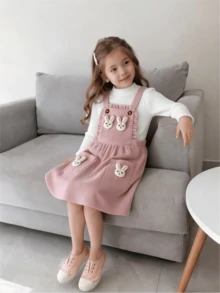 Autumn New Girls Pink Bunny Pinafore Dress Long Sleeve Base Layer T-Shirt Top 2 Pieces Set Versatile Daily Outing Vacation Photo Party - Pink - View 9