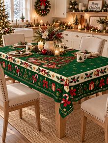1pc Elegant Green Christmas Rectangular/Round Tablecloth, Large Christmas Tree & Gift Box Pattern, Bell, Candy Cane, Snowflake & Holly Print, Suitable For Christmas Family Gathering, Home Holiday Dining Table Decor - Multicolor - View 4