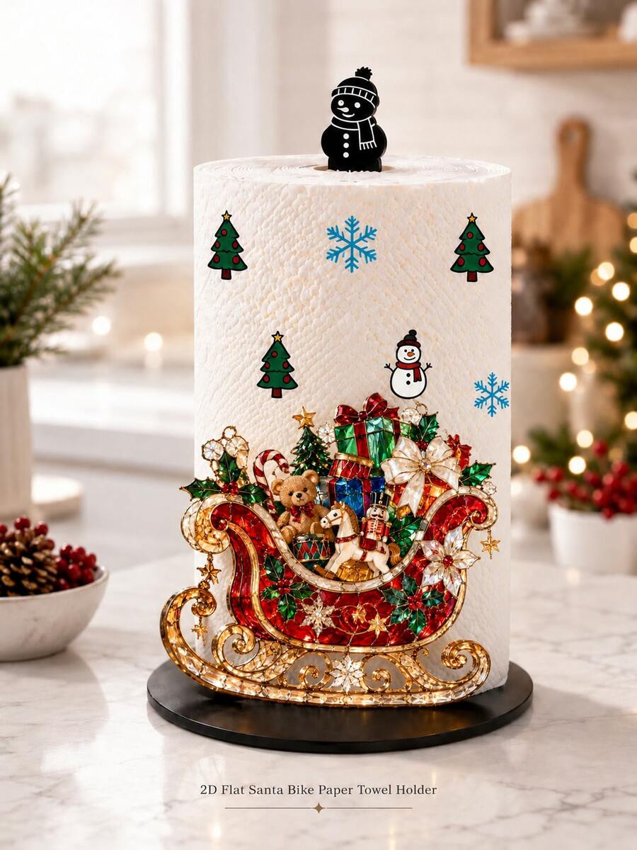 Christmas Decor Vanity Tissue Holder - Desktop Roll Paper Holder (Combines Display And Storage Functions), Christmas Sleigh Design, Suitable For Kitchen, Bathroom, Living Room And Dining Room, Decorative Ornament To Create A Warm Christmas Atmosphere - Multicolor - View 1