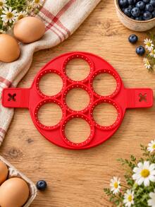 7-Cavity Red Silicone Pancake Mold, Nonstick Round Egg Ring With Side Handles, Heat-Resistant Breakfast Cooking Mold For Pancakes, Fried Eggs, Crepes And Home Kitchen Brunch - Multicolor - View 5