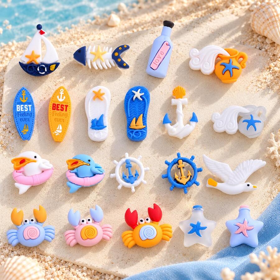 20pcs Ocean Style Clog Shoe Charms, ABS Resin Sailboat, Starfish, Crab, Anchor Design, Summer Beach Sandals Decoration Accessories - Ocean Beach Style - 20PCS - View 1