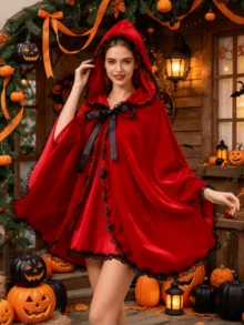 2pcs/Set Kostum Tema Pesta Liburan Little Red Riding Hood Dewasa Jubah Berkerudung Merah dan Sarung Tangan Hitam, Jubah Pendek Berhiaskan Renda Natal Warna Polos Poliester - MultiWarna - View 5