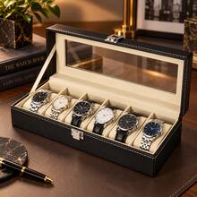 Luxury Classic PU Leather 6-Slot Watch Display Box | Men's Watch Collection Organizer With Transparent Glass Lid And Velvet Lining, Suitable For Vanity Display And Gift For Watch Enthusiasts - Multicolor - View 7