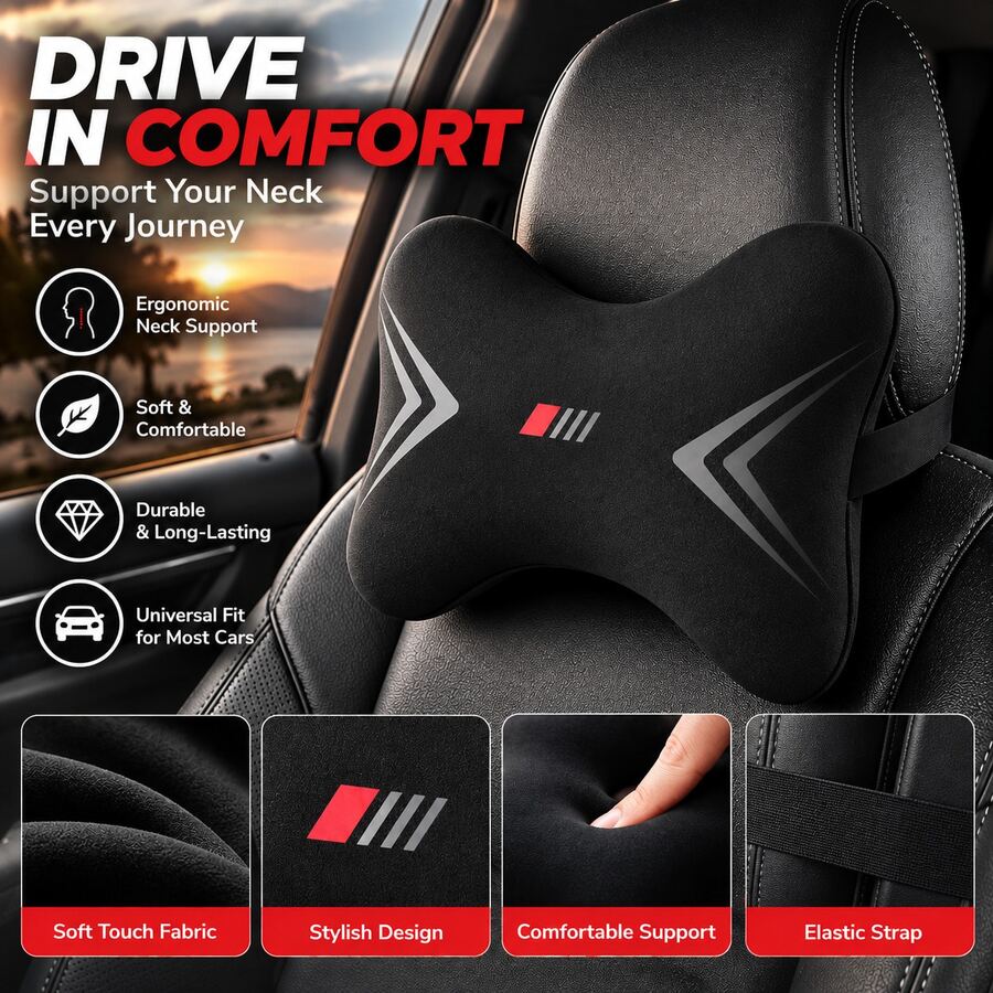 1 buah Bantal Sandaran Kepala Mobil, Bantal Penopang Leher Universal, Bantal Sandaran Leher Mobil yang Lembut & Nyaman dengan Tali yang Dapat Diatur, Aksesori Interior Kursi Mobil Ergonomis, Cocok untuk Sedan dan SUV