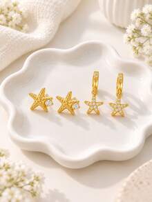 2 Pairs Gold Tone Rhinestone Starfish Stud & Hoop Earrings Cute Kids Fashion Jewelry For Girls Daily School Party Birthday Outfit Gift - Gold - View 2