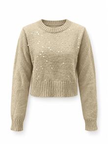 JustMiss Women's Crew Neck Long Sleeve Knit Short Loose Casual Colorful Sequin Pullover Sweater Spring Autumn - Khaki - View 9